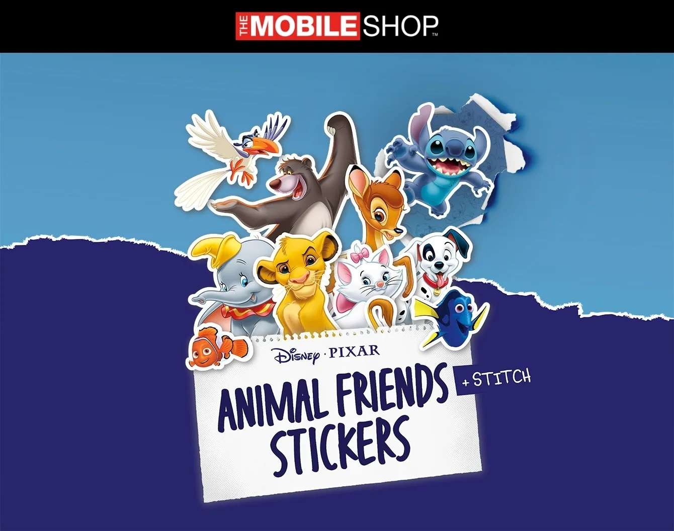 Disney Animals & Friends stickers below The Mobile Shop logo on a navy blue background.